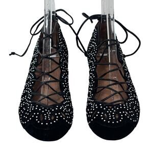 Alaia Studded Cut Out Flats Womens 40 / 10 Black Suede Lace Up Scalloped Ballet